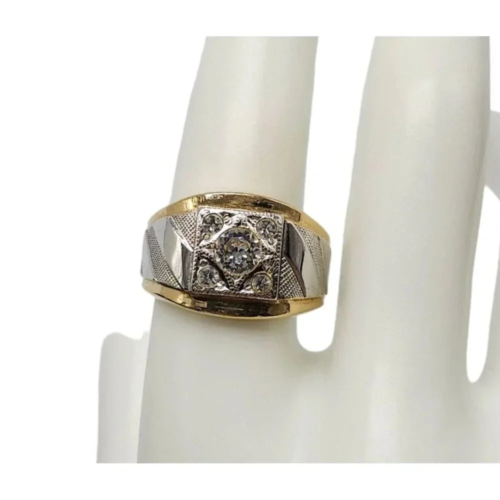 Uncas 18k Gold Plated Two-Tone Textured Clear Rhinestone Zircon Ring Size 9